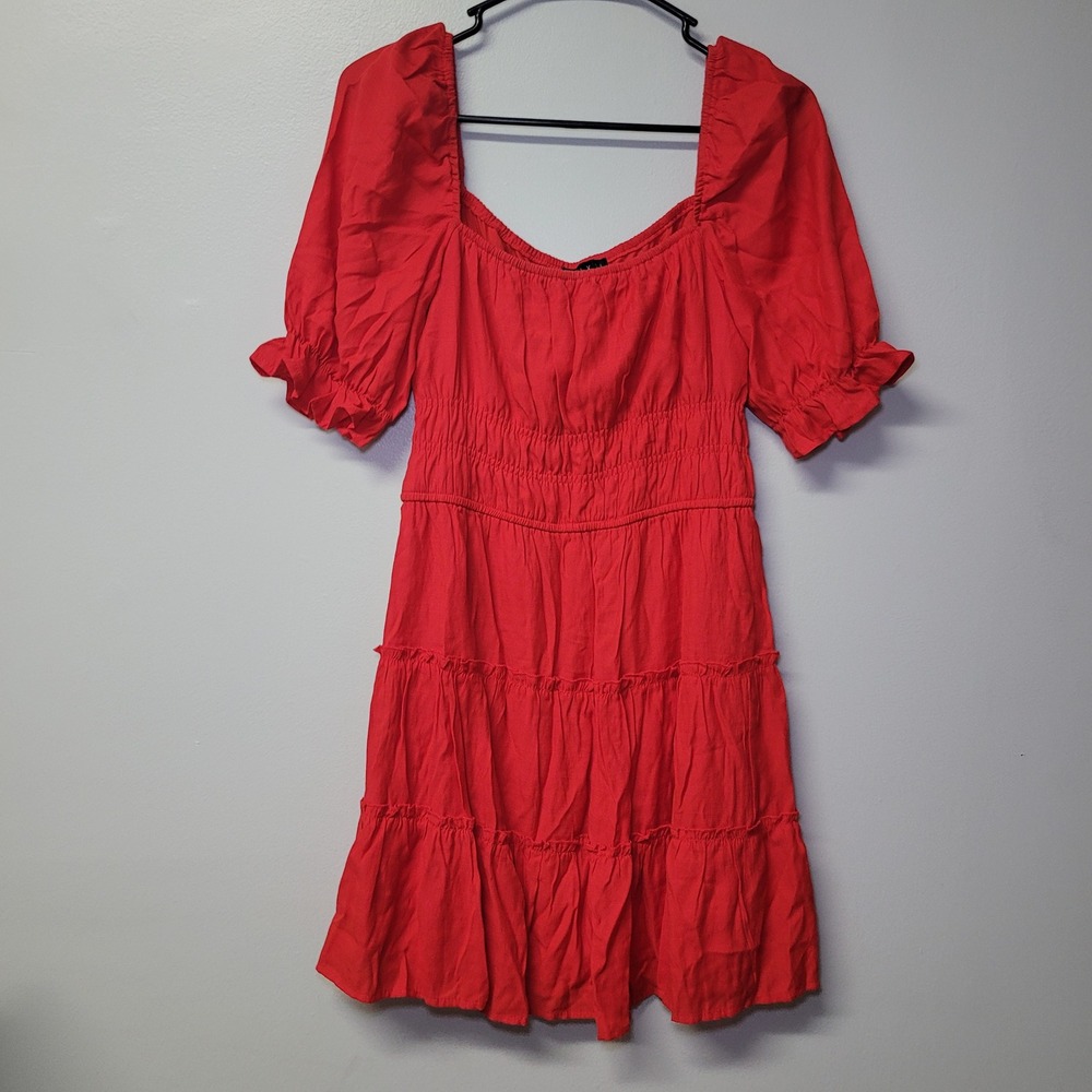 Trixxi Girls Red Smocked Tiered Puff Sleeve Stretch Mini Dress‎ Size M